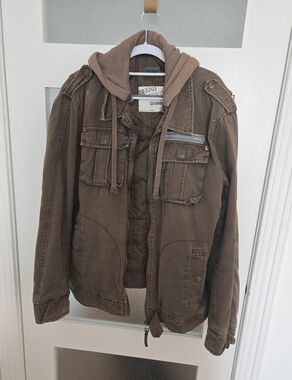 Men's Brown Hooded Utility Jacket - Khaki Military-Inspired
